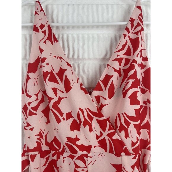 ASOS Jumpsuit Size 2 Red Floral Deep V Neck Summer Attached Belt - Picture 4 of 11